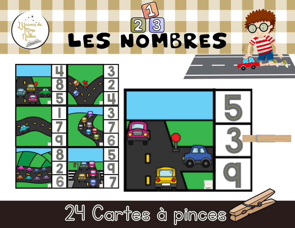 Sur la route - Cartes à pinces - Les nombres